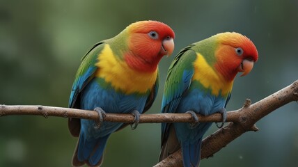 Obraz premium Two colorful parrots perched on a branch. Vibrant plumage