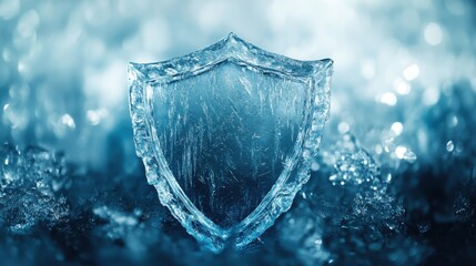 Frozen shield symbol on icy surface with soft light and cold blue tones creating calm protective feeling.
