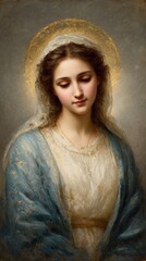 Divine Portrait of the Virgin Mary with Golden Halo &mdash; Classical Religious Oil Painting