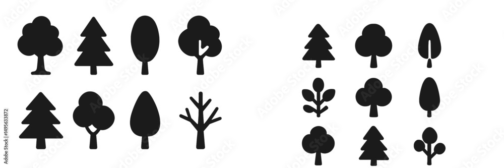 Aufkleber various silhouettes of trees arranged in different shapes and sizes on a clean background