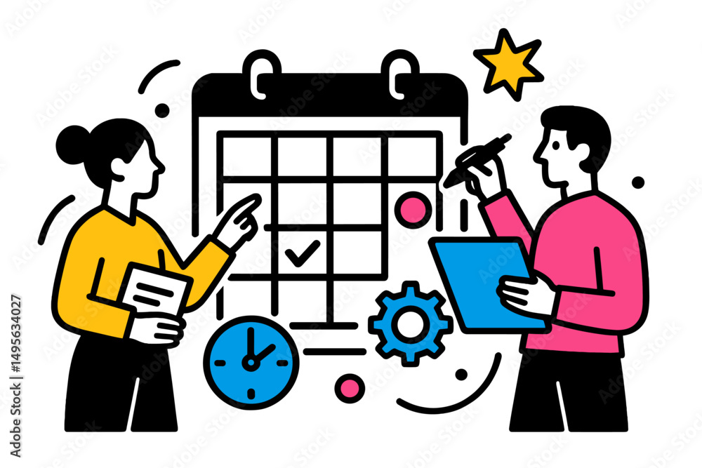 Poster Professionals discussing schedule planning with a calendar and tasks in an office setting during working hours