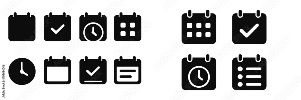 Leinwandbilder Black icons representing calendar, time management, and task scheduling on a white background showing various organizational tools for productivity