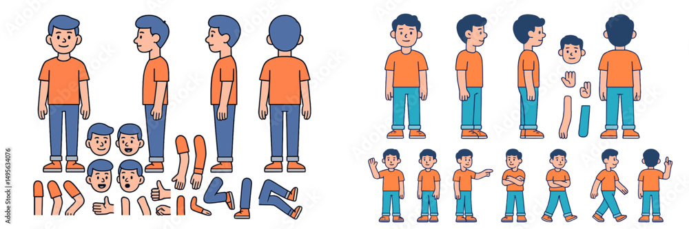 Poster character design set featuring various poses and expressions for a young male figure in casual attir