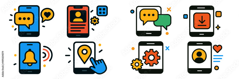 Poster communication tools illustrate interaction features for mobile applications in a creative design lay