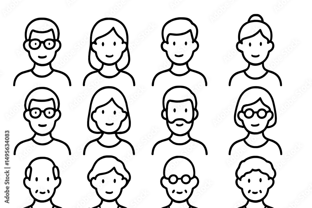 Poster diverse group of illustrated characters representing different ages and styles in a minimalistic des