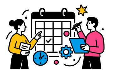 Professionals discussing schedule planning with a calendar and tasks in an office setting during working hours