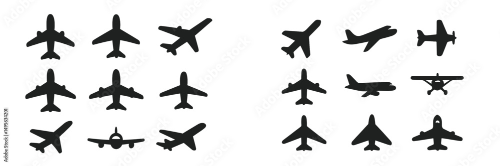Poster silhouettes of various aircraft arranged in grid pattern showcasing different types and sizes of pla