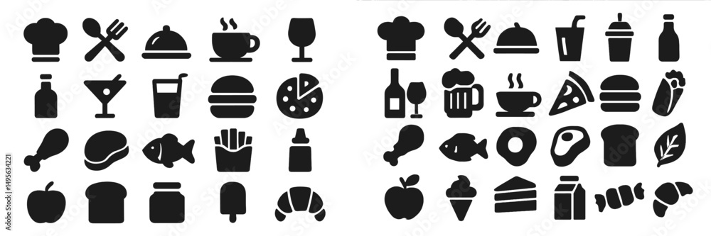 Poster collection of various food and drink icons showcasing diverse culinary elements in a visually appeal