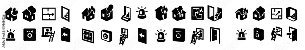 Poster collection of black and white emergency service icons representing various safety and response actio