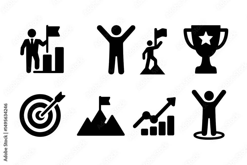 Poster icons representing achievement, success, and competition in various forms and activities related to 