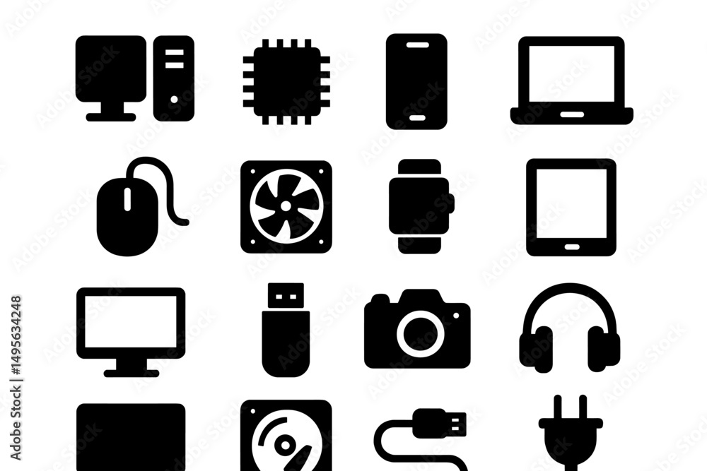 Poster collection of electronic device icons including computers, mobile phones, and accessories arranged i