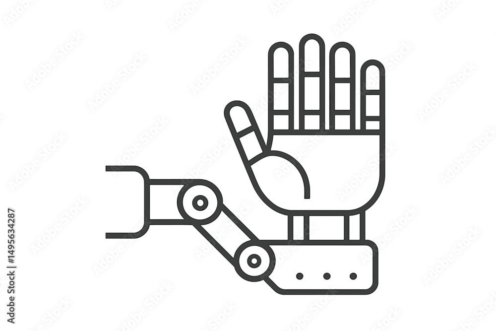 Poster robotic hand reaching out with articulated fingers during a technology demonstration in a modern inn