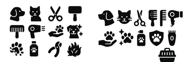 Pet grooming icons showcasing tools and animals for various grooming activities and services