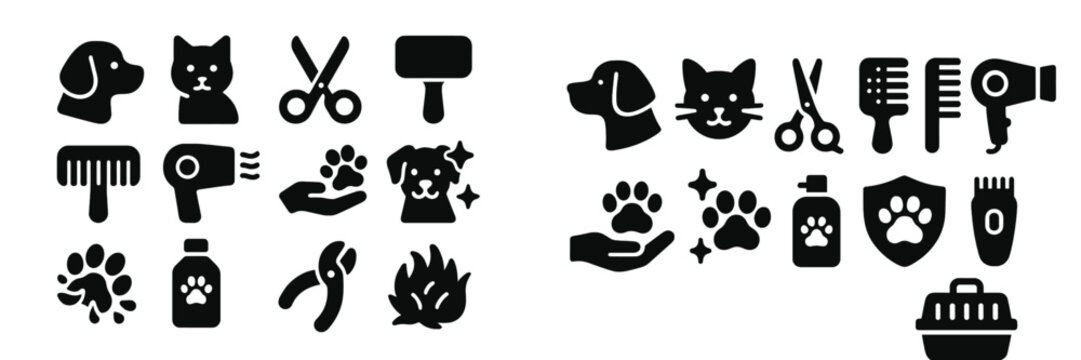 Pet grooming icons showcasing tools and animals for various grooming activities and services