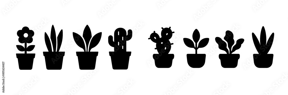 Poster various potted plants in silhouette showcasing unique shapes and sizes in a minimalistic design