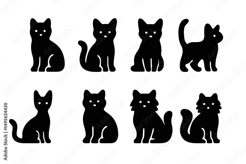 Aufkleber multiple black silhouette cats in various poses with expressive features on a white background