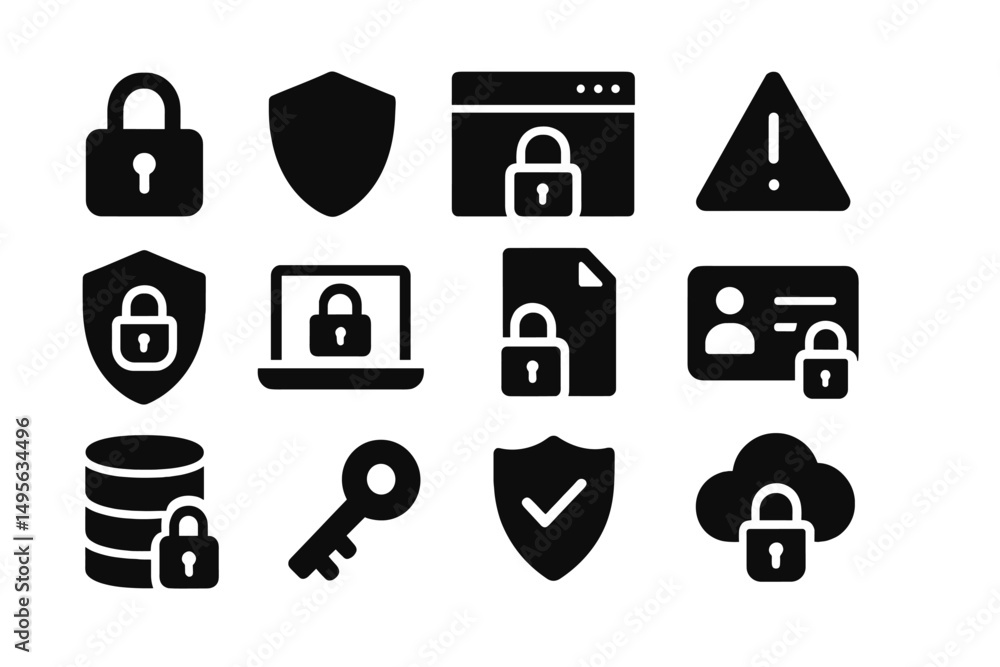 Poster symbols representing cybersecurity and data protection with various icons and elements on a white ba