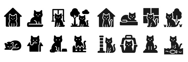 Creative collection of cat icons showcasing various activities and environments for feline companions