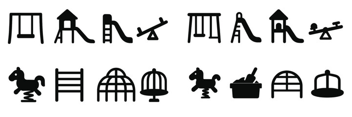 Obraz premium Playground equipment silhouettes for children's outdoor play areas featuring swings, slides, and ride-on toys