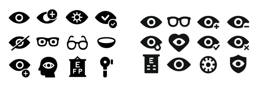 Icons representing vision concepts, eye care, and health displayed on a plain background