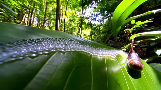 A plant hopper nymph on a large green tropical leaf in the forest, showing a sequence of wax droplets along the side