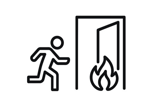 Person running towards an exit with fire in the background indicating an emergency situation