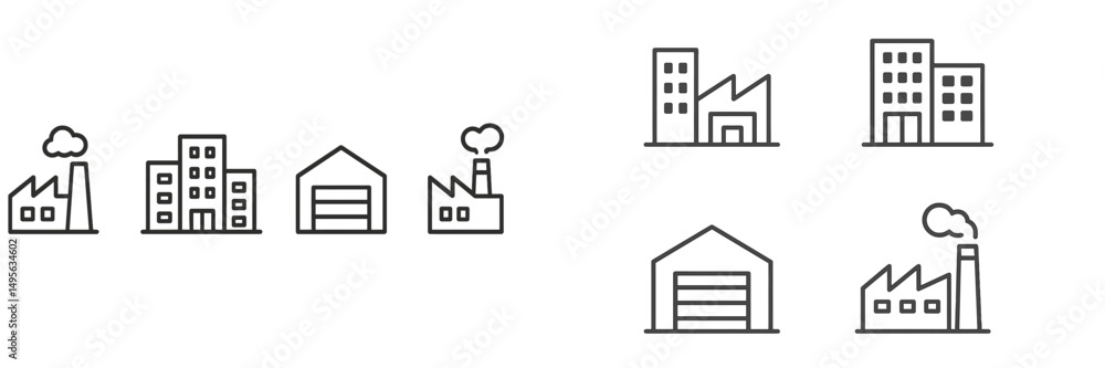 Poster industrial buildings and factories outlined in a simple style showcasing urban development and manuf