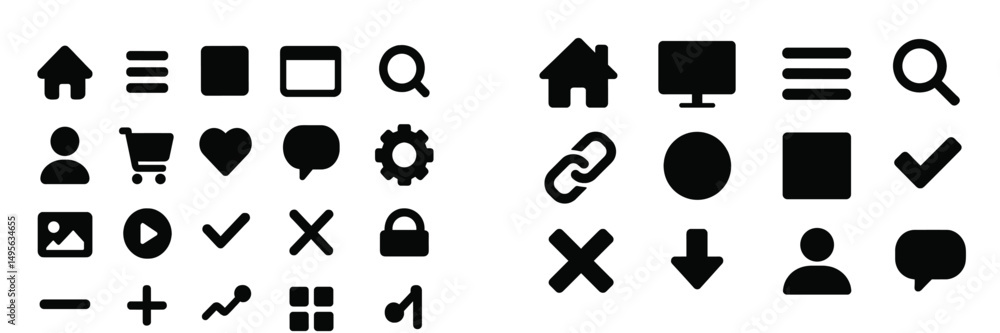 Poster collection of minimalist black icons used for web and mobile applications showcasing common function