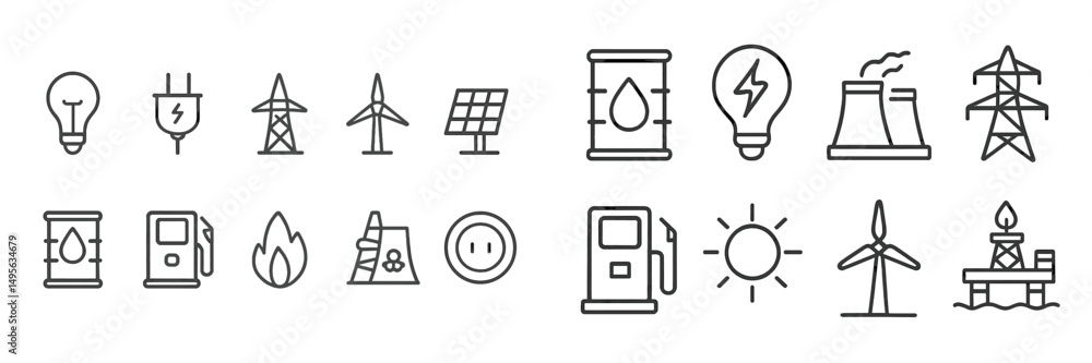 Poster energy sources illustrated through simple icons representing various utilities, including solar, win