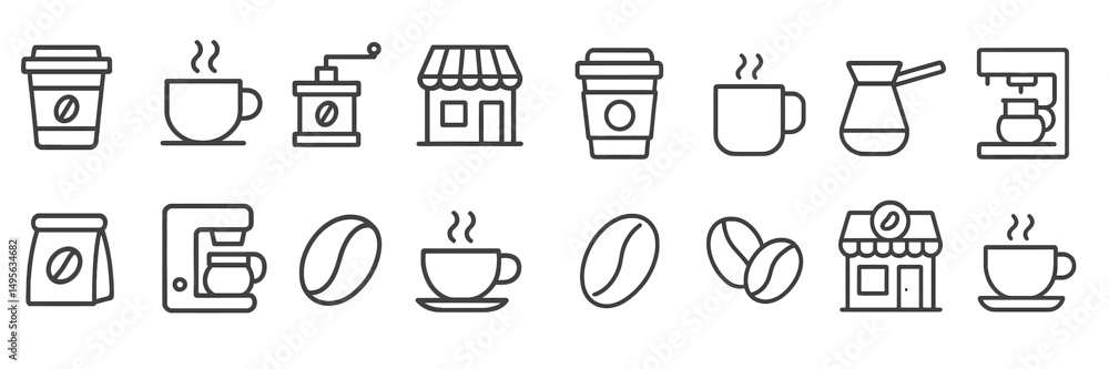 Poster coffee-related icons showcasing various brewing methods, coffee drinks, and cafe elements in a minim