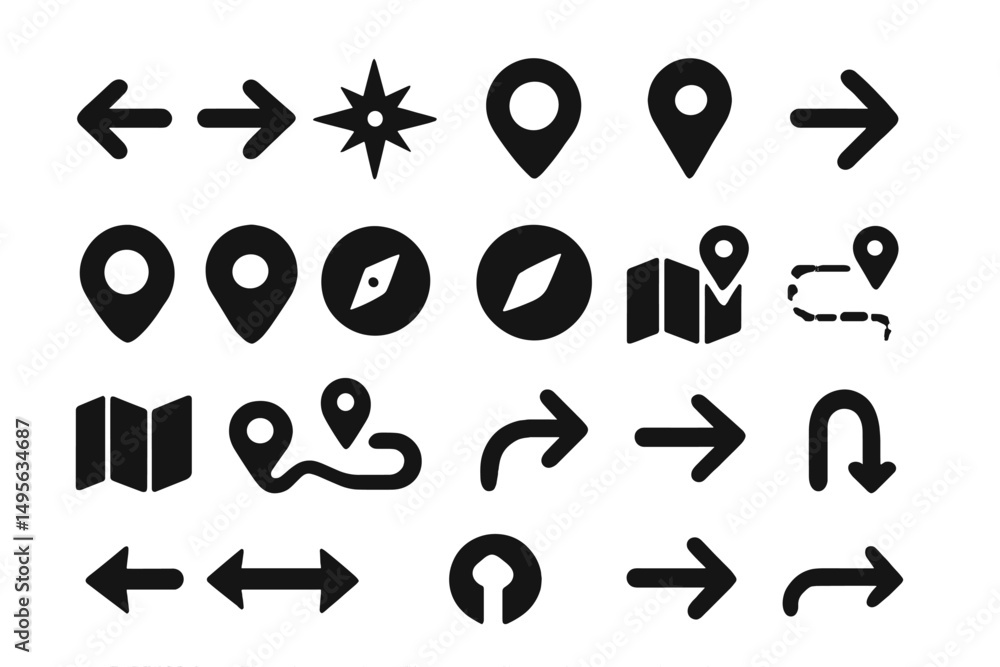 Poster Collection of black travel and navigation icons featuring maps, arrows, and location markers designed for digital use