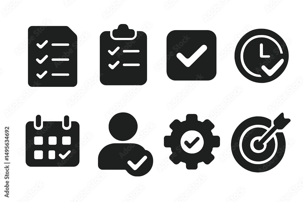 Poster checklist icons represent tasks completed and time management in a professional setting