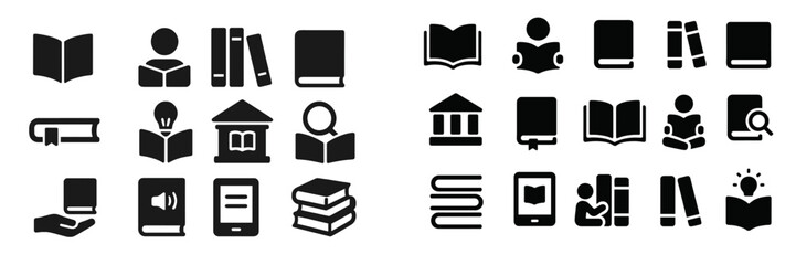 Variety of black and white icons representing books, reading, and libraries in a casual learning environment