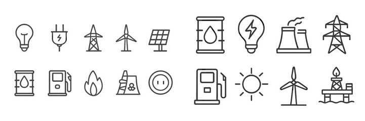 Obraz premium Energy sources illustrated through simple icons representing various utilities, including solar, wind, and fossil fuels