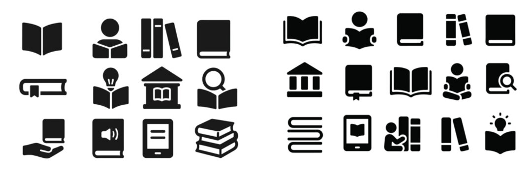 Variety of black and white icons representing books, reading, and libraries in a casual learning environment