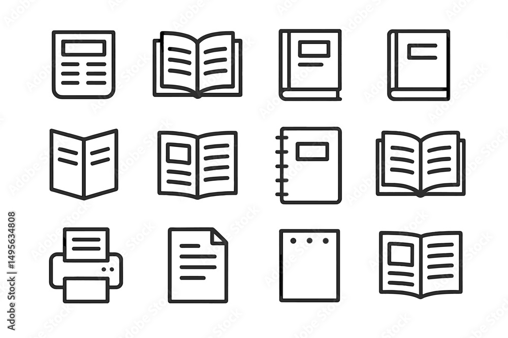 Poster collection of various book and document icons displayed in a grid layout for educational purposes an