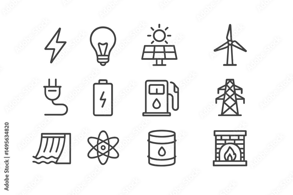 Poster Energy sources and technology icons featuring renewable and non-renewable elements in simple line art style