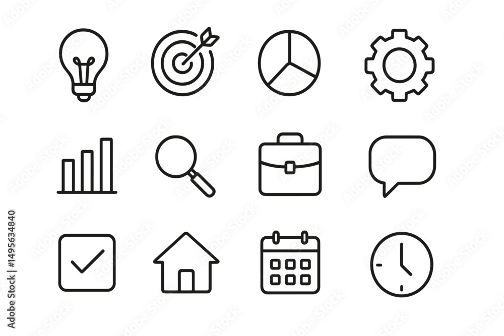 Aufkleber Icon set representing innovation, business planning, and scheduling concepts in a minimalist design