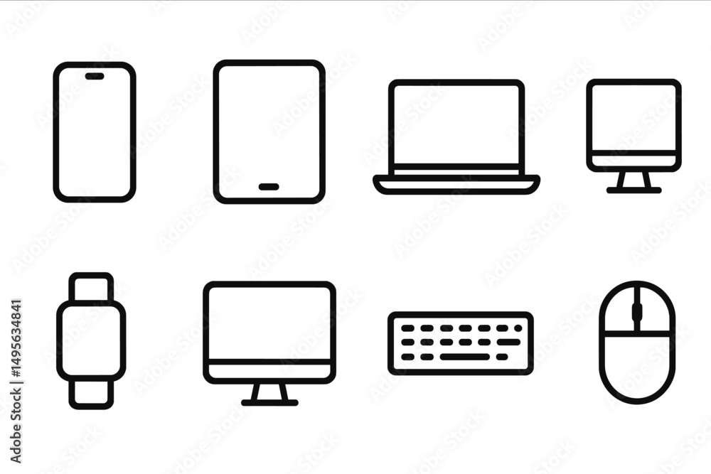Poster Various electronic devices displayed in simple line art design on a white background for modern tech enthusiasts