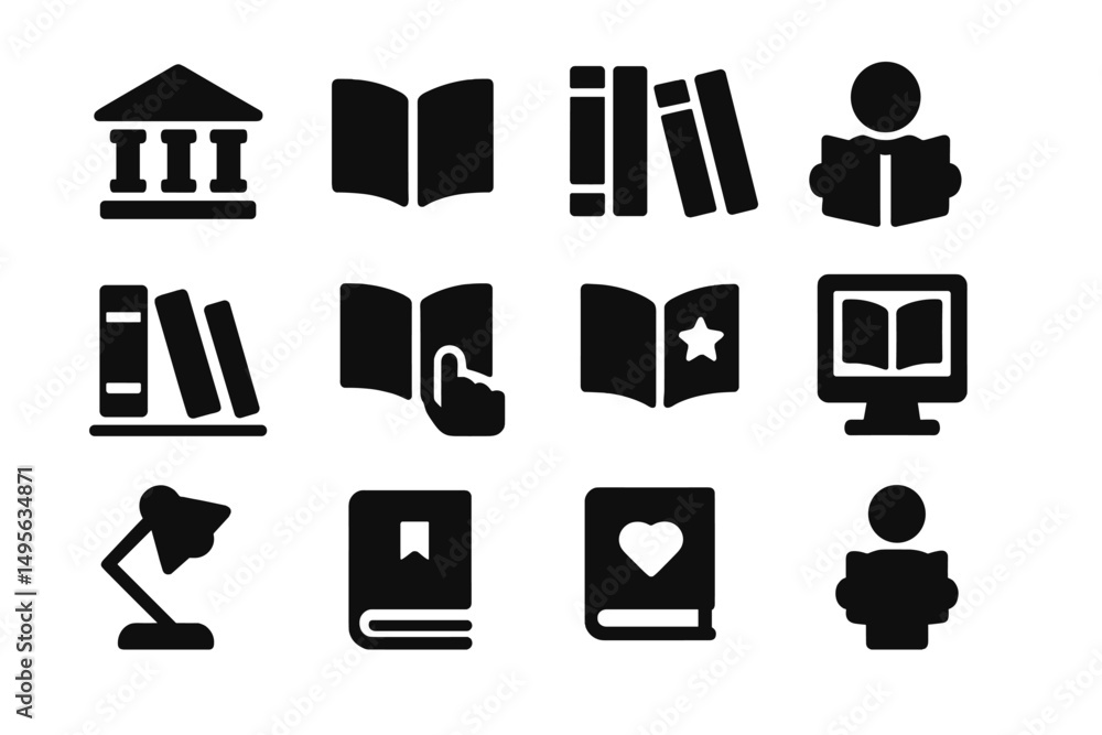 Fototapete library icons represent various aspects of reading and studying in a modern educational setting