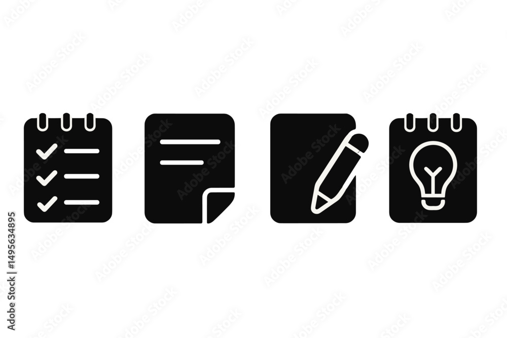 Poster checklist symbols, blank and pencil notes, and light bulb icon representing organization and brainst