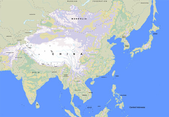 Fototapeta premium Vector geographical world map. Fragment of asian region with china, india, mongolia, north korea, south korea, japan, taiwan, philippines, central indonesia, vietnam, thailand, laos, bangladesh.