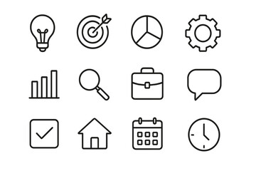 Icon set representing innovation, business planning, and scheduling concepts in a minimalist design