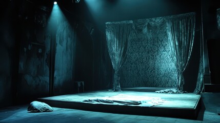 A dimly lit stage setting with textured fabrics and theatrical lighting.