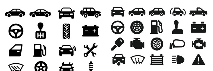 Collection of vehicle icons depicting various car parts, functions, and services in a simple black and white design