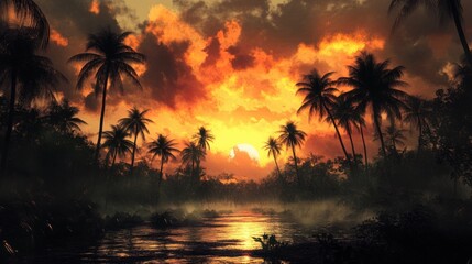 Tropical sunset over a misty river. Lush jungle silhouettes against vibrant fiery sky