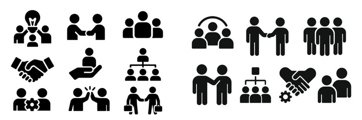Collection of simple black icons illustrating teamwork, collaboration, and communication among diverse groups of people in a business setting