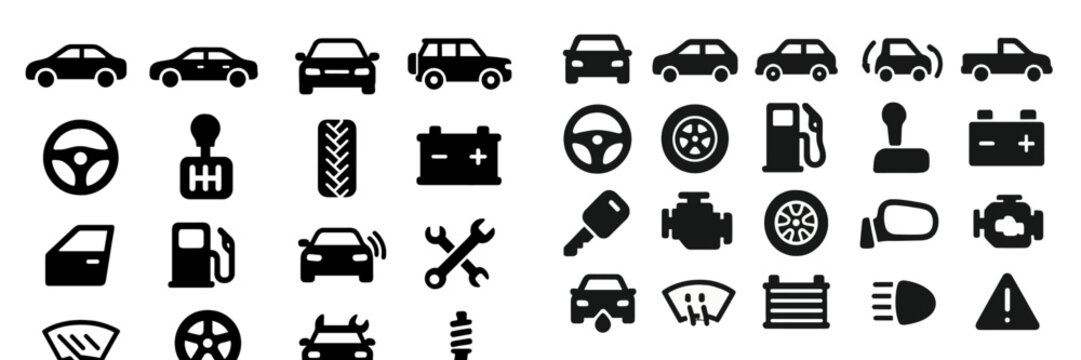 Fototapeta Collection of vehicle icons depicting various car parts, functions, and services in a simple black and white design