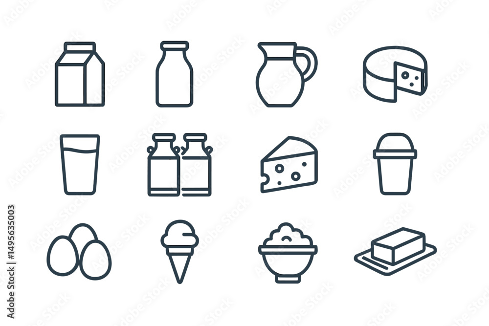 Aufkleber Dairy products displayed with clear outlines and minimalistic design in a simple arrangement
