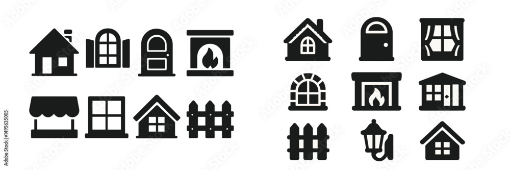 Poster different types of home icons and architectural elements showcased in a minimalist style for design 